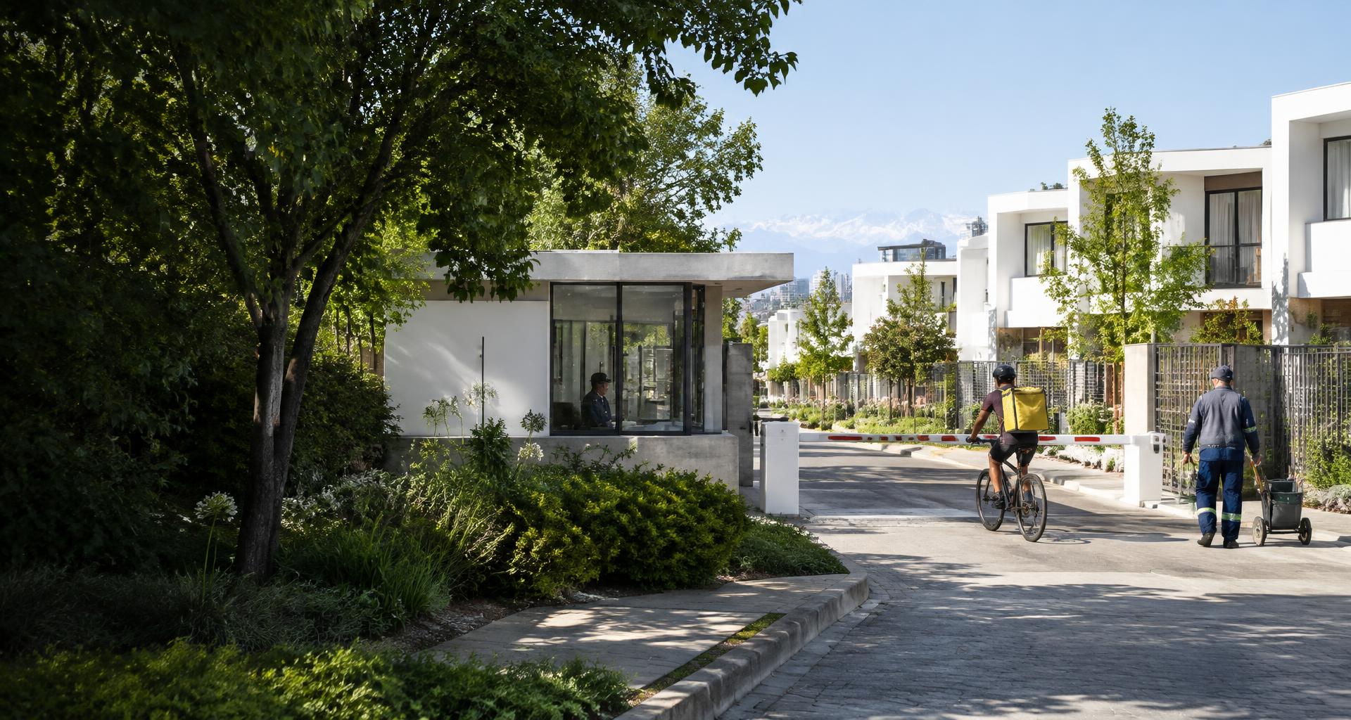 Entrada de un condominio con conserjería, un repartidor y un trabajador